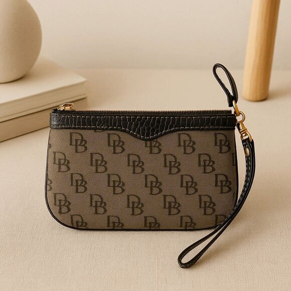 Dooney & Bourke Monogram Canvas Wristlet Gray Black Logo Pouch Y2K Mini Bag - Picture 1 of 9